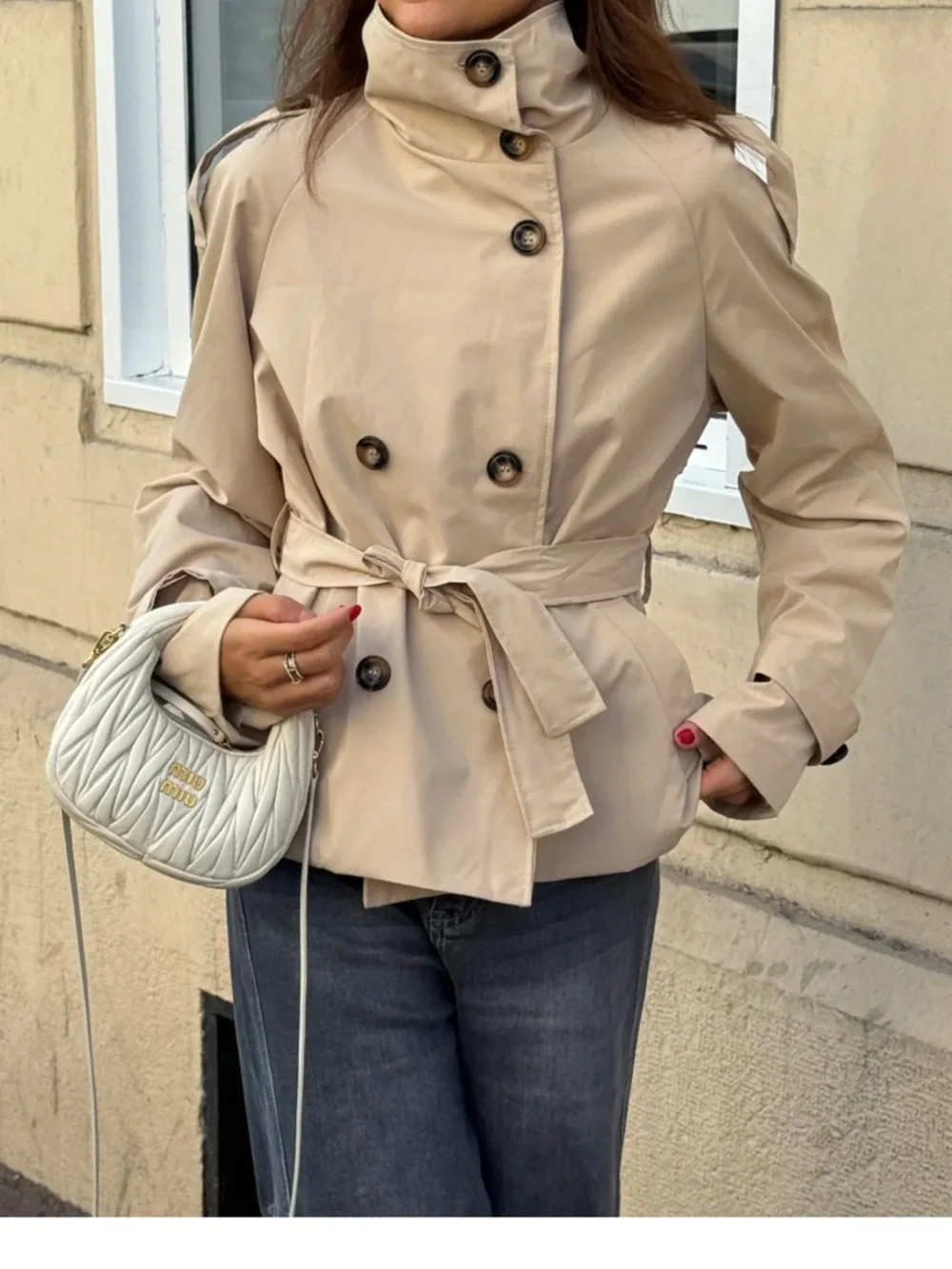 Edyisa Alden Trench Coat with Self-Tie Waist in Beige - Picture 1 of 3